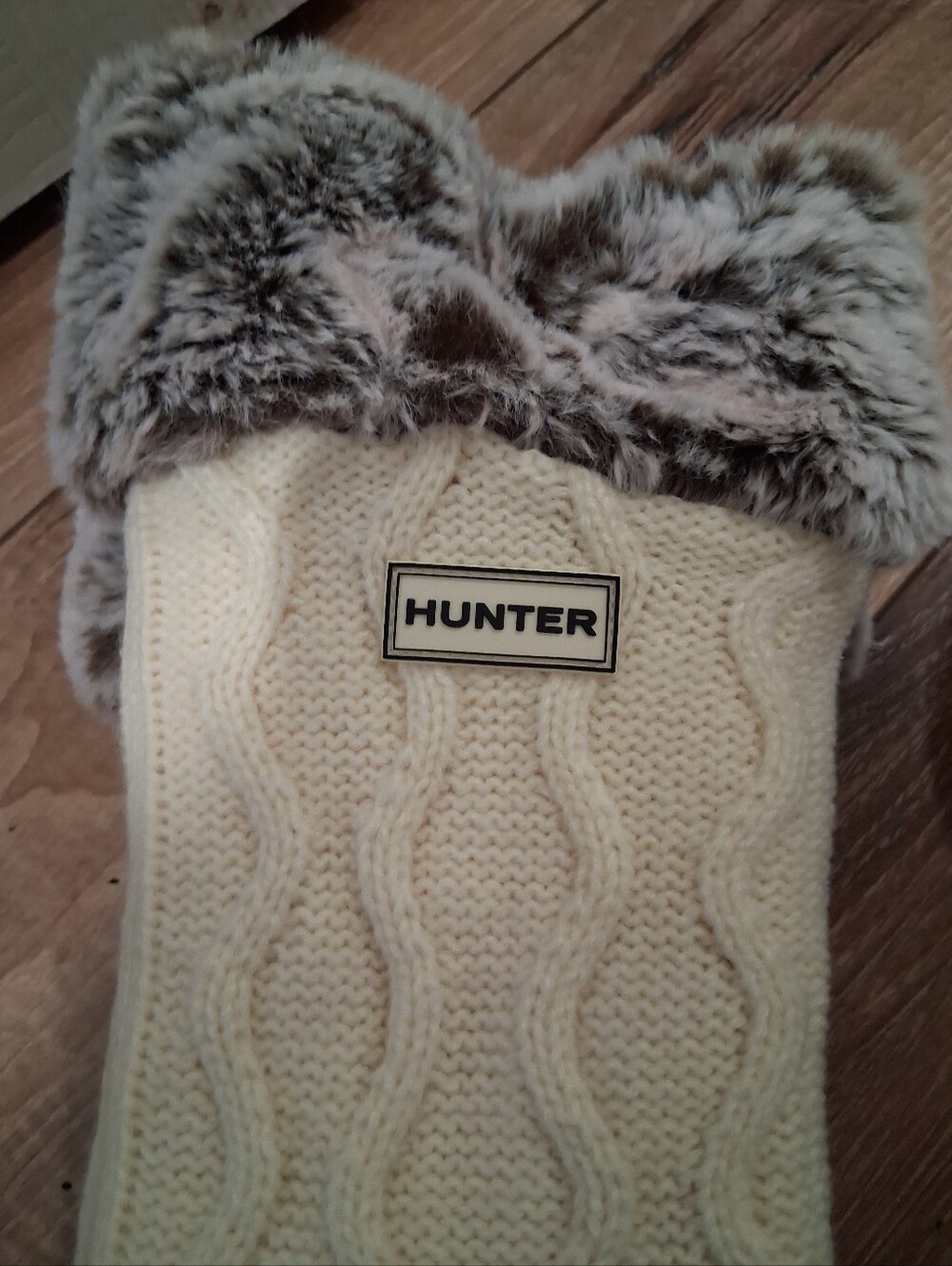 Hunter Grey & Creme Cable-Knit Socks with Light Gray Faux Fur Cuff - Picture 6 of 7